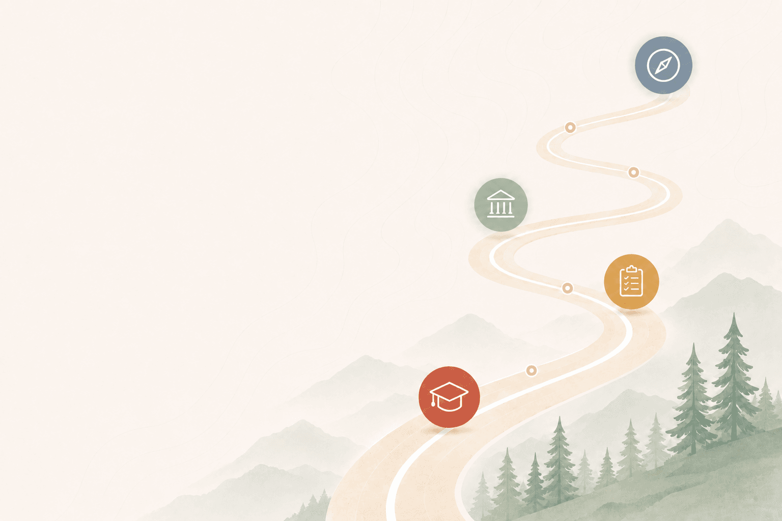 An illustrated winding path through mountains and forest, marking the college-planning journey